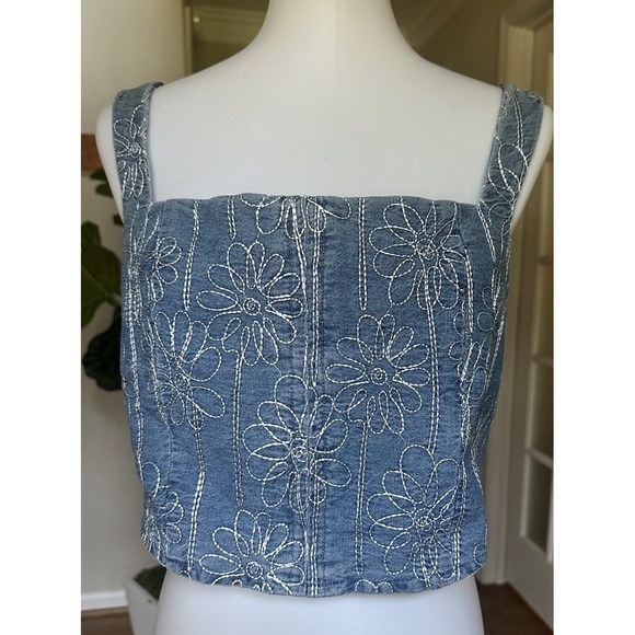 House of Harlow 1960 Blue Floral Embroidered Denim Crop Top Large Square Neck - Picture 2 of 12